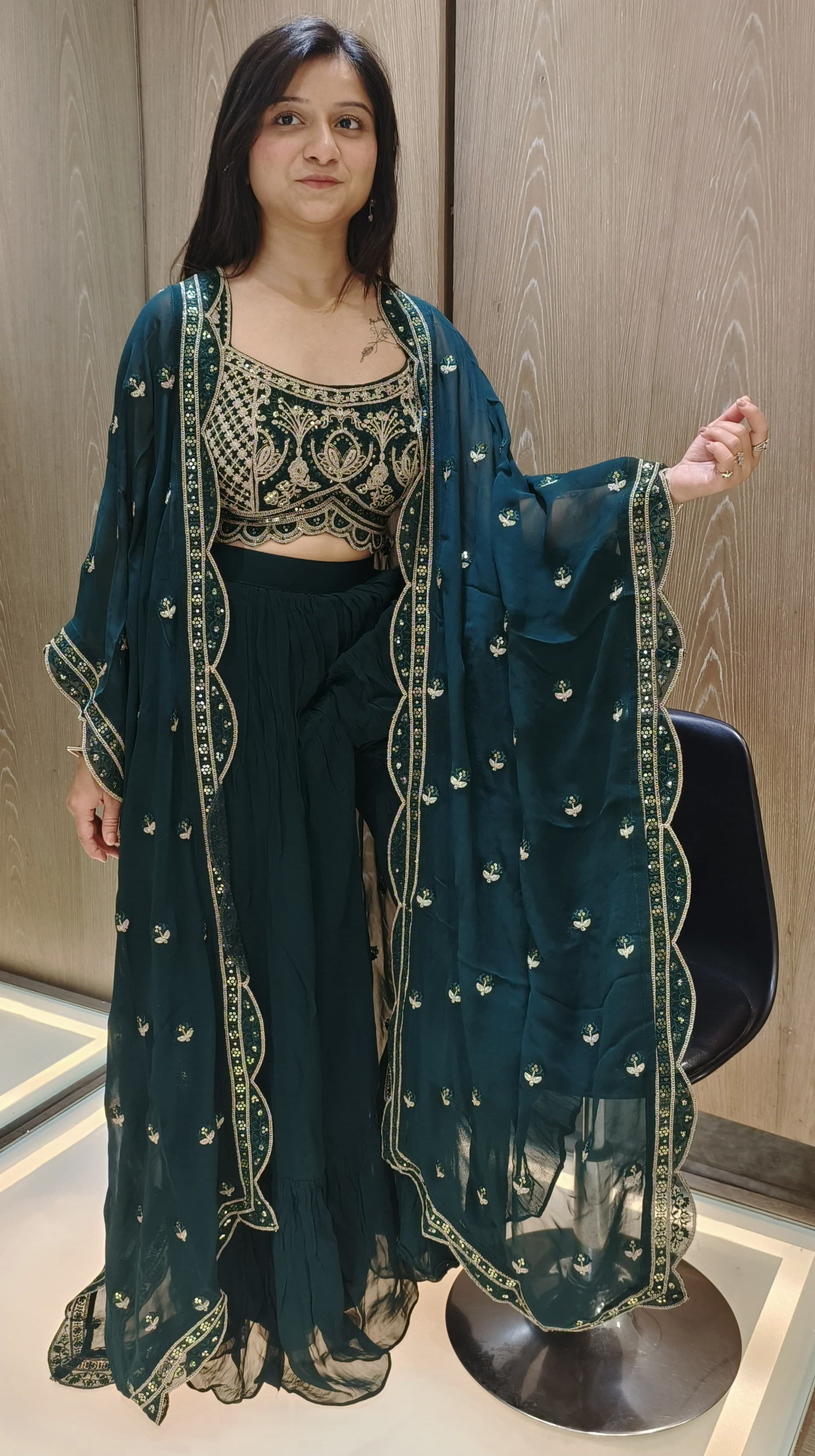 Teal Blue Color Georgette Zari Work Palazzo With Shrug